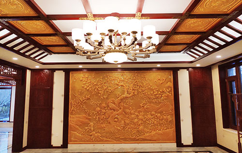白云中式别墅客厅中式木作横梁吊顶装饰展示